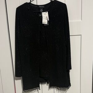 Maggie Barnes Black Sparkle Open Cardigan with Beaded Fringe